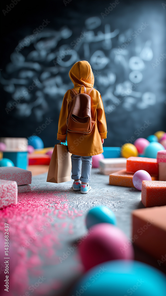 Kind mit gelbem Rucksack vor verschwommener Tafel mit bunten Kreidestücken