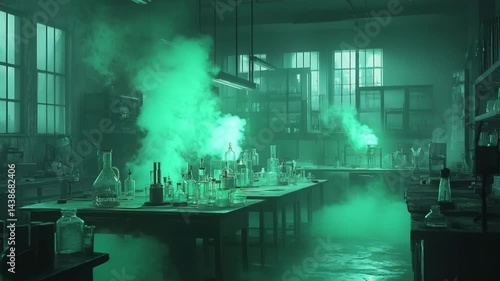 Steam Rising in Mysterious Old Laboratory with Glassware