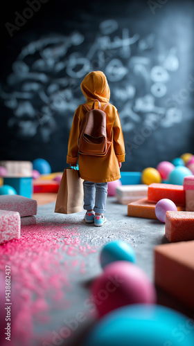 Obraz na płótnie Kind mit gelbem Rucksack vor verschwommener Tafel mit bunten Kreidestücken w salonie
