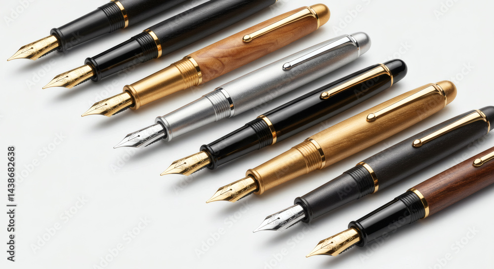 Assorted Luxury Ballpoint Pens Aligned on White Surface Assorted Luxury Ballpoint Pens Aligned on White Surface
