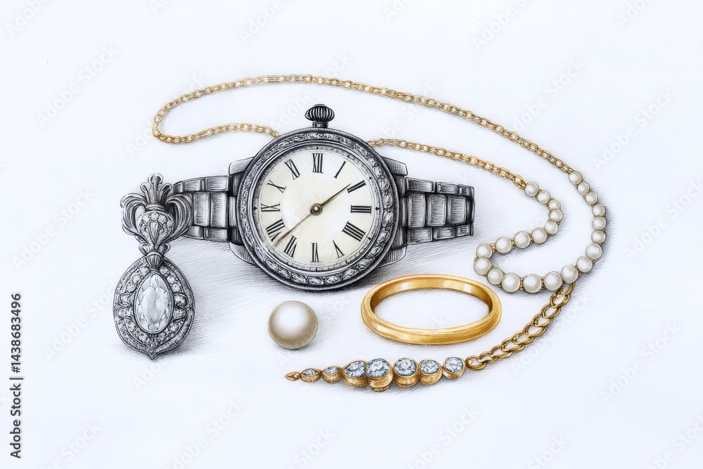Antique Jewelry and Timepiece Sketch - Elegant antique jewelry, including a watch, pendant, pearls, and gold ring, sketched on a white background. Symbolizing elegance, luxury, timelessness, heritage Antique Jewelry and Timepiece Sketch - Elegant antique jewelry, including a watch, pendant, pearls, and gold ring, sketched on a white background. Symbolizing elegance, luxury, timelessness, heritage