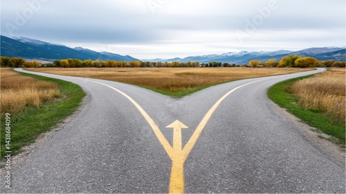 Arrows Diverging Paths: A Choice Ahead - A scenic road splits into two, each marked with an arrow, symbolizing decision, opportunity, uncertainty, direction