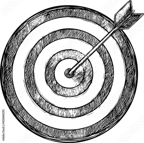 Sketch of target with arrow hitting bullseye in monochrome illustration. Vector illustration