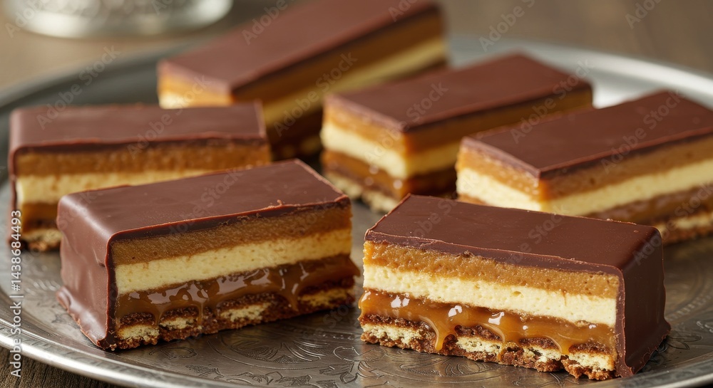 Delicious chocolate caramel layered desserts on an ornate silver platter close up view sweet treat Delicious chocolate caramel layered desserts on an ornate silver platter close up view sweet treat