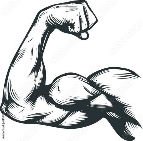 Illustration of a muscular arm flexing in a black and white style graphic art. Vector illustration