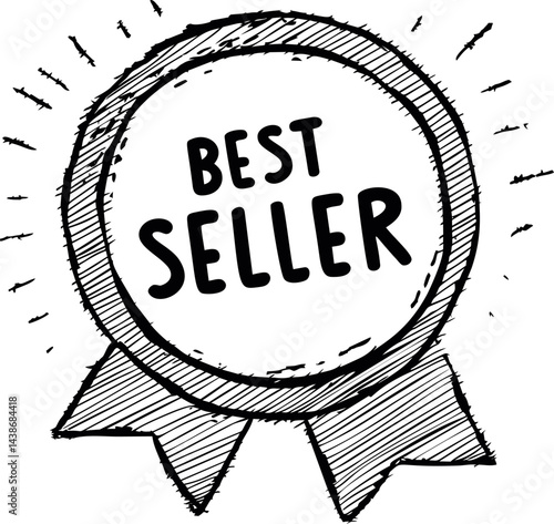 Sketch style best seller badge with ribbons in black and white illustration. Vector illustration