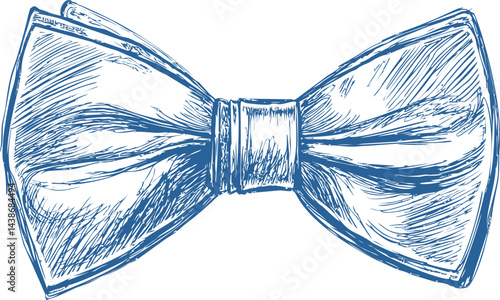 Detailed sketch of a blue bow tie with textured lines, fashion accessory. Vector illustration