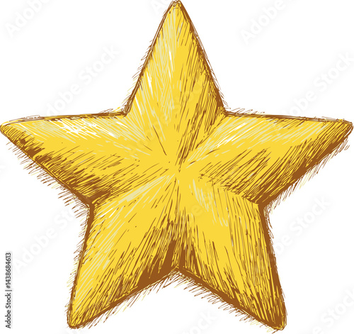 Golden textured hand-drawn star with sketchy details. Vector illustration