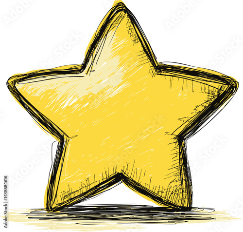 Sketchy yellow star with black outline on a light background, playful drawing. Vector illustration