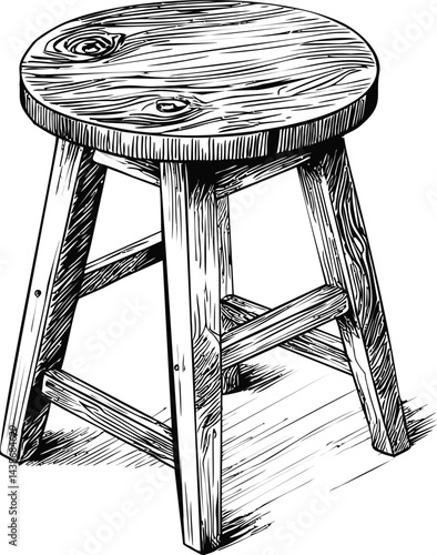 Illustration of a wooden stool with detailed engraving lines in monochrome. Vector illustration