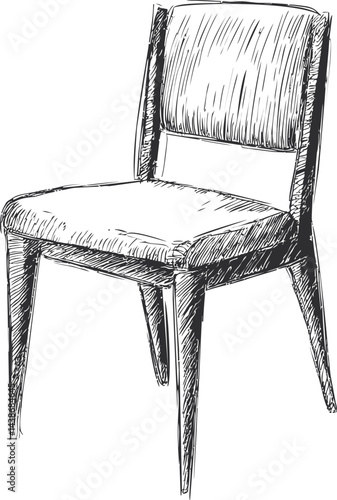 Illustration of a simple wooden chair with textured cushion sketched in black. Vector illustration