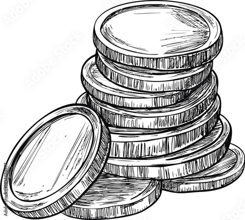 Stack of hand-drawn coins in black and white sketch, economic concept. Vector illustration