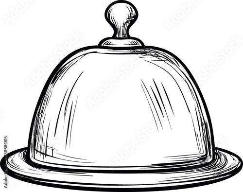 Black and white sketch of a vintage food cloche illustration. Vector illustration