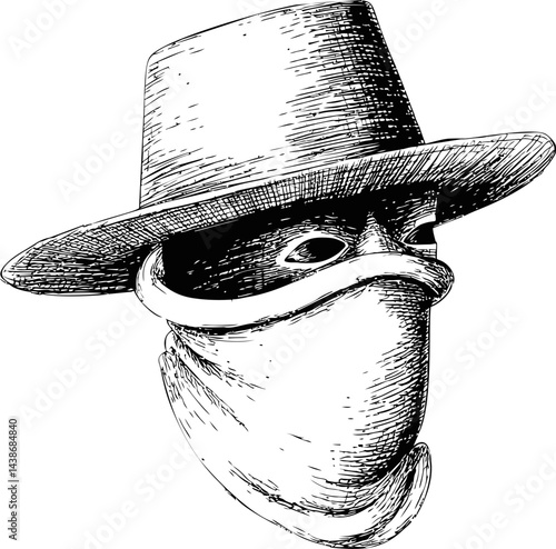 Vintage sketch of masked figure with a hat, mysterious noir style illustration. Vector illustration