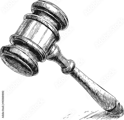 Wooden judicial gavel in detailed black and white sketch art. Vector illustration