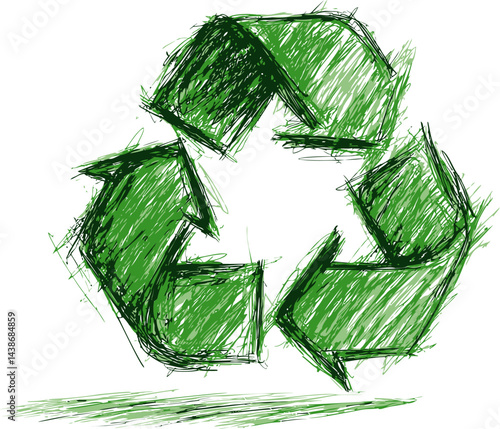 Green sketch of a recycle symbol with scribbled texture, environmental concept. Vector illustration