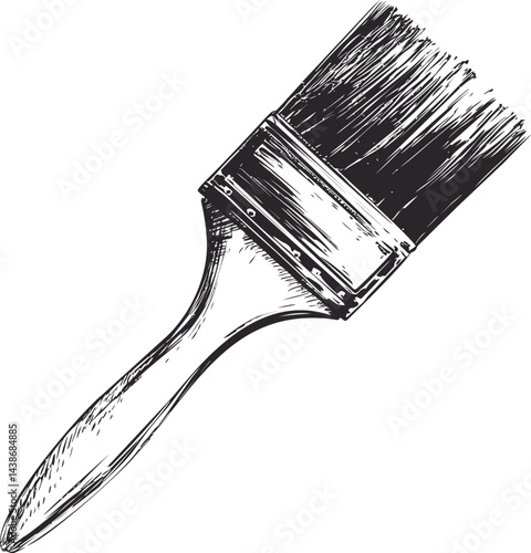 Black and white illustration of a paintbrush with detailed bristles, sketch design. Vector illustration