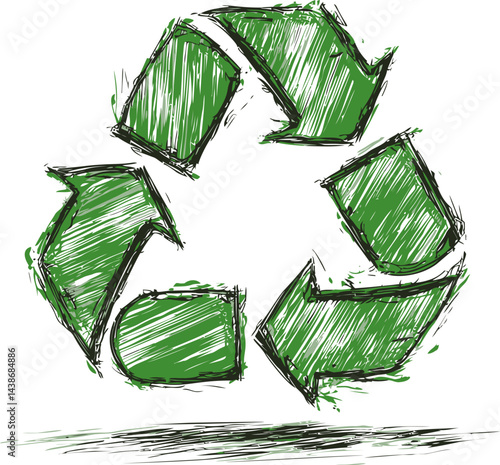 Green sketched recycle symbol in an artistic style. Vector illustration
