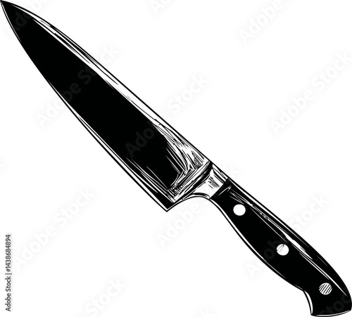 Black and white illustration of a chef's knife, detailed engraving style. Vector illustration