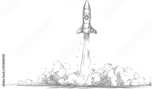 Hand-drawn rocket launching with smoke and clouds, concept of space exploration. Vector illustration