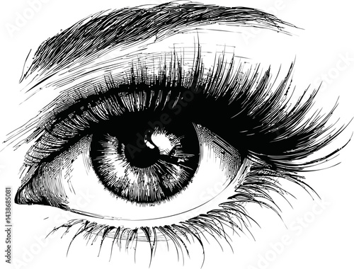 Detailed black and white sketch of a human eye with long eyelashes, drawing illustration. Vector illustration