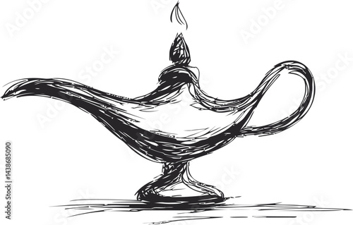 Black and white sketch of an ornate lamp with a flame, symbol of magic wishes. Vector illustration