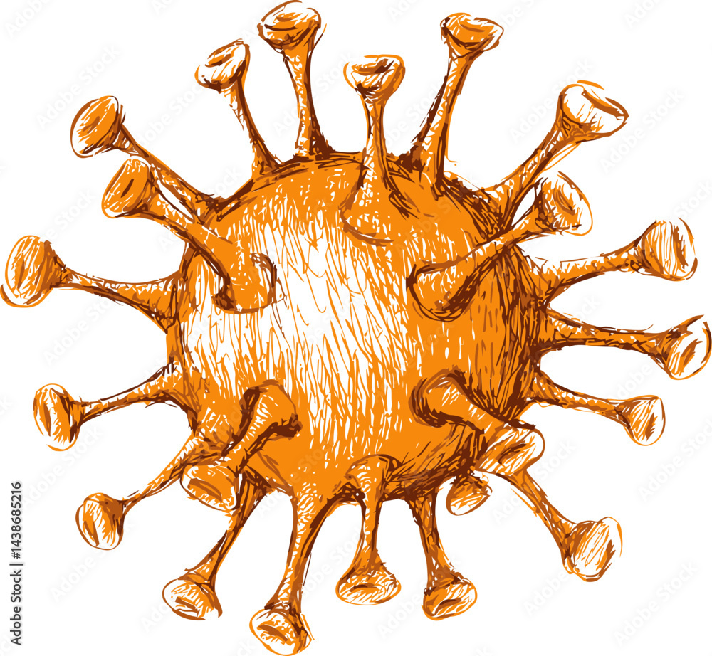 Fototapeta premium Hand-drawn orange coronavirus with spiky outer layer, artistic representation. Vector illustration