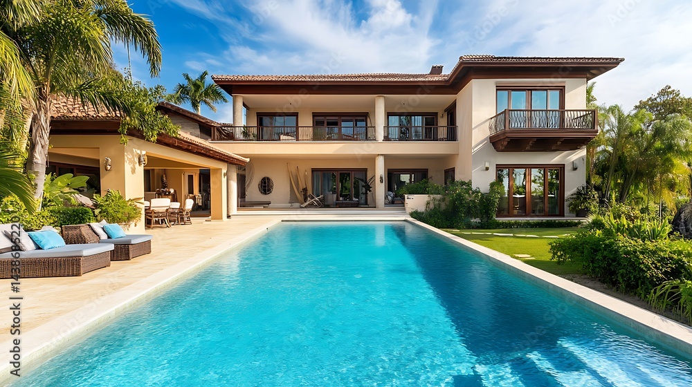 Elegant villa with infinity pool and lush tropical garden in front picture Elegant villa with infinity pool and lush tropical garden in front picture