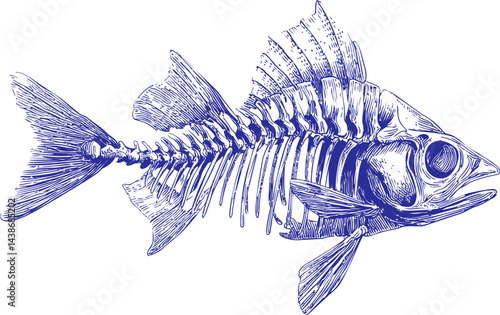 Blue line drawing of detailed fish skeleton with intricate fin detail. Vector illustration
