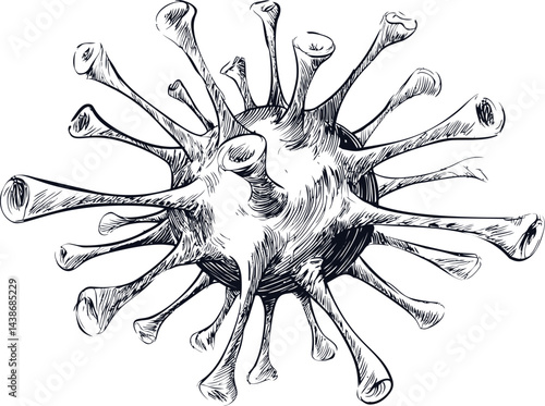 Black and white illustration of coronavirus with detailed texture. Vector illustration