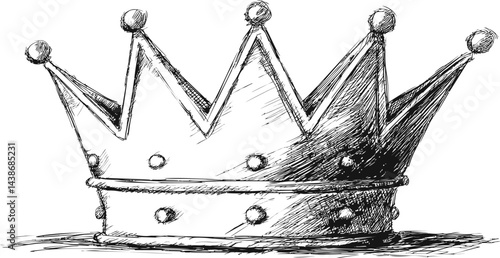 Detailed sketch of a classic crown with rounded spikes, black and white illustration. Vector illustration