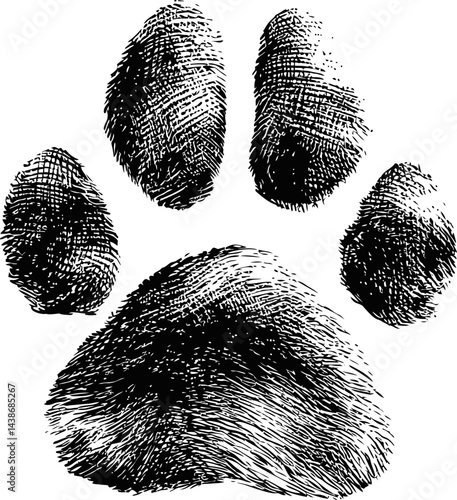 Black and white sketched animal paw print with textured strokes. Vector illustration