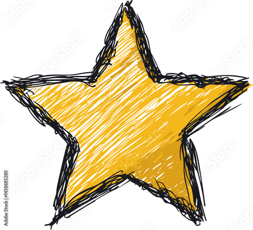 Yellow sketchy star with bold outlines, illustration of a hand-drawn doodle. Vector illustration