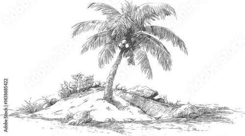 Desolate tropical island sketch with a lone palm tree and coconuts. Vector illustration