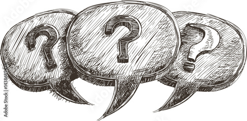Three sketched speech bubbles with question marks in black and white illustration. Vector illustration