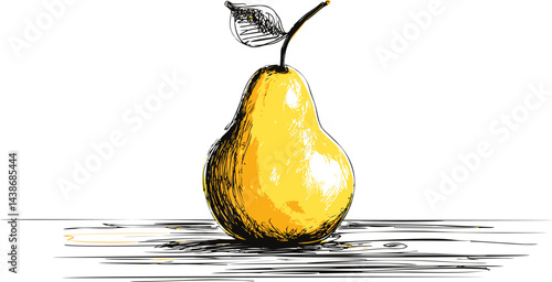 Yellow pear with leaf in sketch style on a wooden table, artistic illustration. Vector illustration