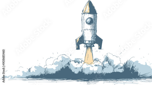 Illustrated rocket launching with smoke and clouds in monochrome style. Vector illustration
