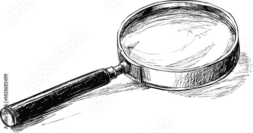 Monochrome sketch of a magnifying glass with detailed shading and texture. Vector illustration
