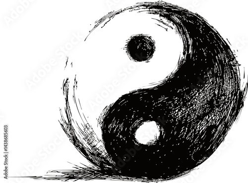 Monochrome hand-drawn yin yang symbol with textured black and white strokes. Vector illustration
