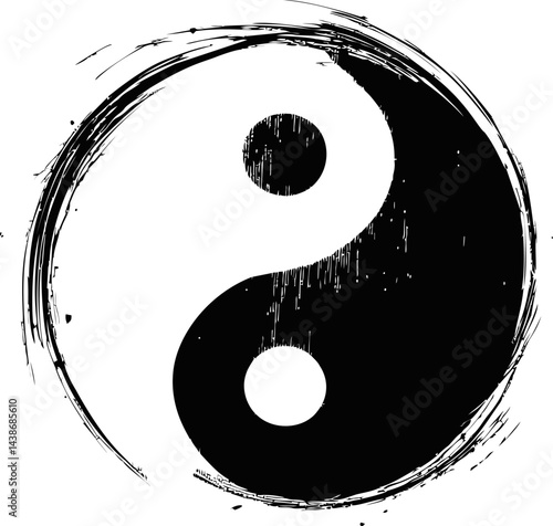Yin yang symbol in black and white with rough brushstroke texture. Vector illustration