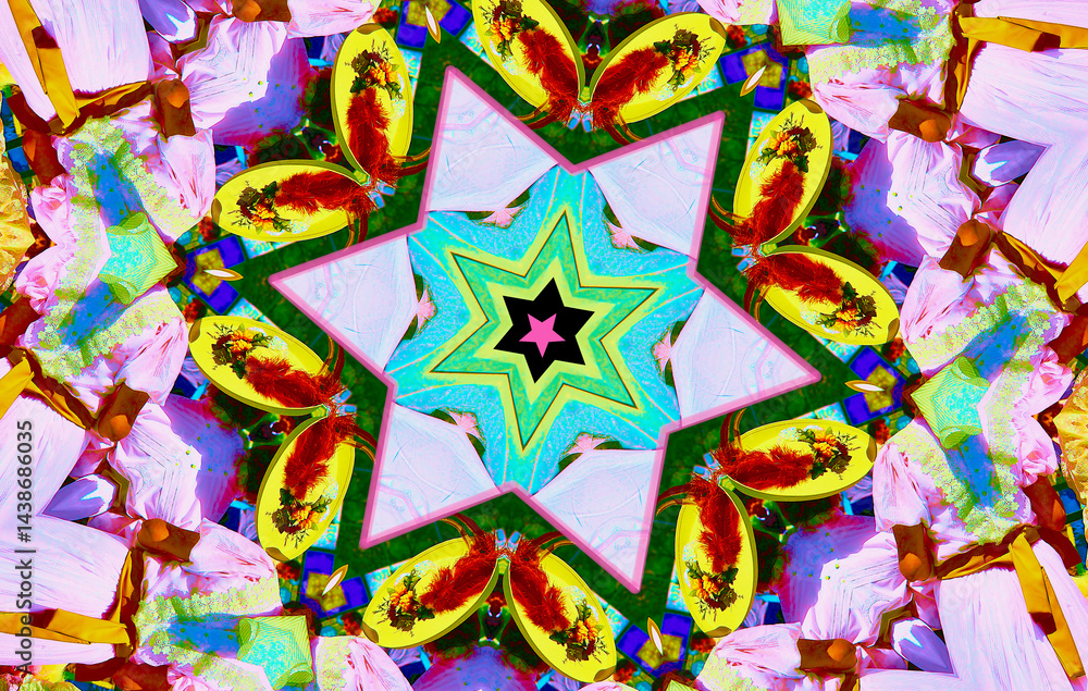 Fototapeta premium Decoración artística mágica de colores con estrellas, flores y plumas fantásticas