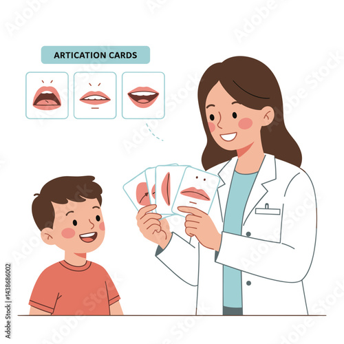 Therapist teaching child with articulation cards in a clinic  