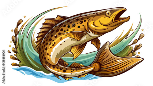 Very beautiful brown trout jumping out of the water. white background