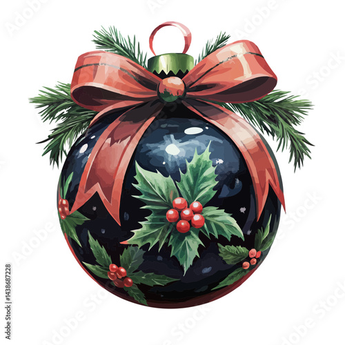 Decorative Christmas bauble with a bow and pine branches, on transparent background