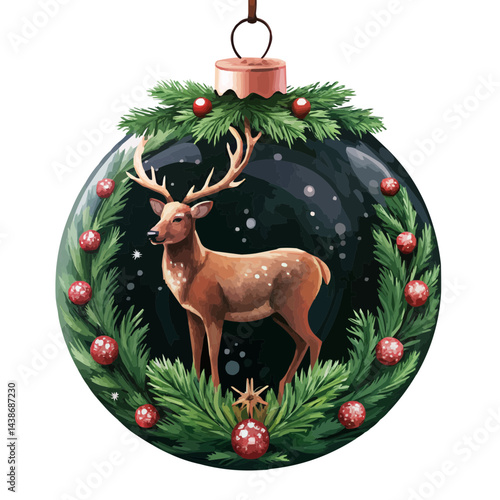 Decorative Christmas bauble with a reindeer and pine branches on transparent background