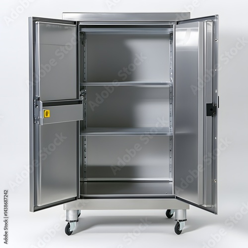 An open, empty stainless steel cabinet with shelves and wheels stands ready for use in a clean and sterile environment, illuminated by studio lighting setup.