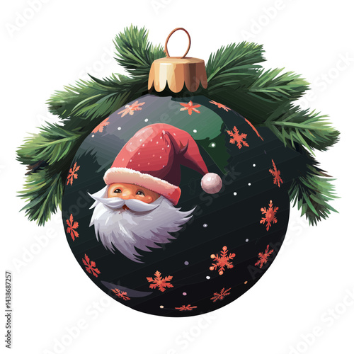 Decorative Christmas bauble with Santa and pine branches on  transparent background