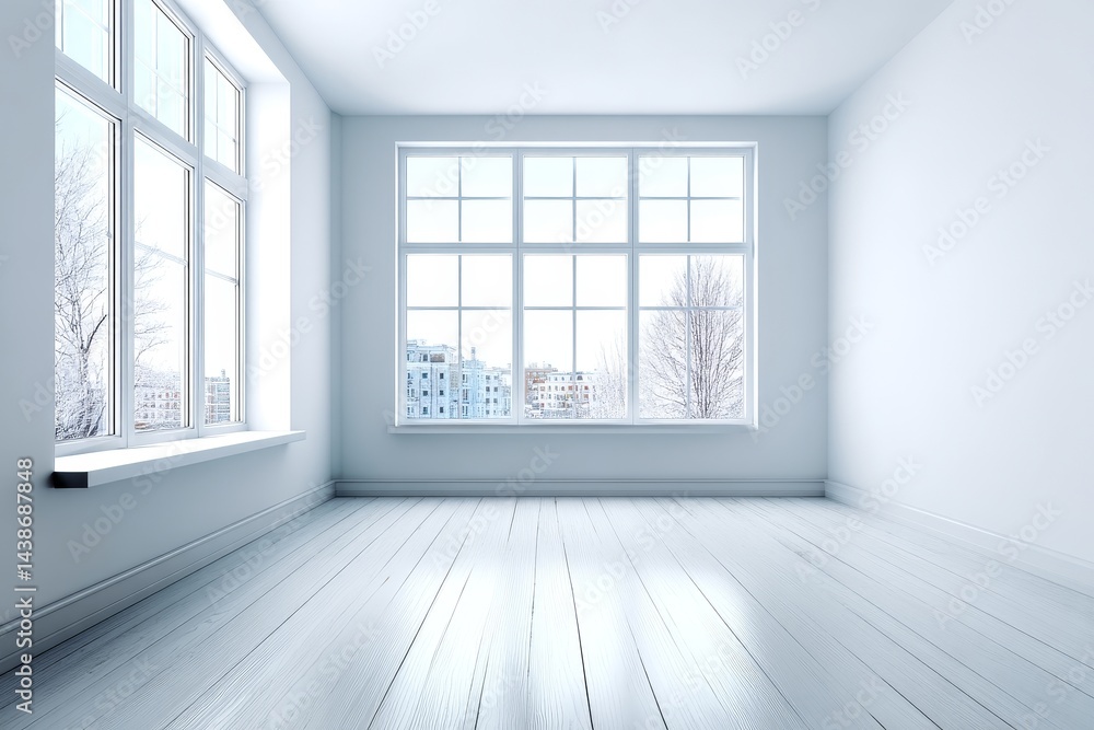 Fototapeta premium Bright Empty Room with Large Windows - Spacious, bright room with large windows offering a city view. Perfect for real estate, interior design, or home staging