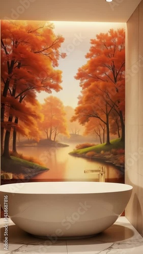 Discover a stunning modern bathroom featuring an elegant vanity, a freestanding tub, and beautiful autumn-themed decor that brings tranquility to home design