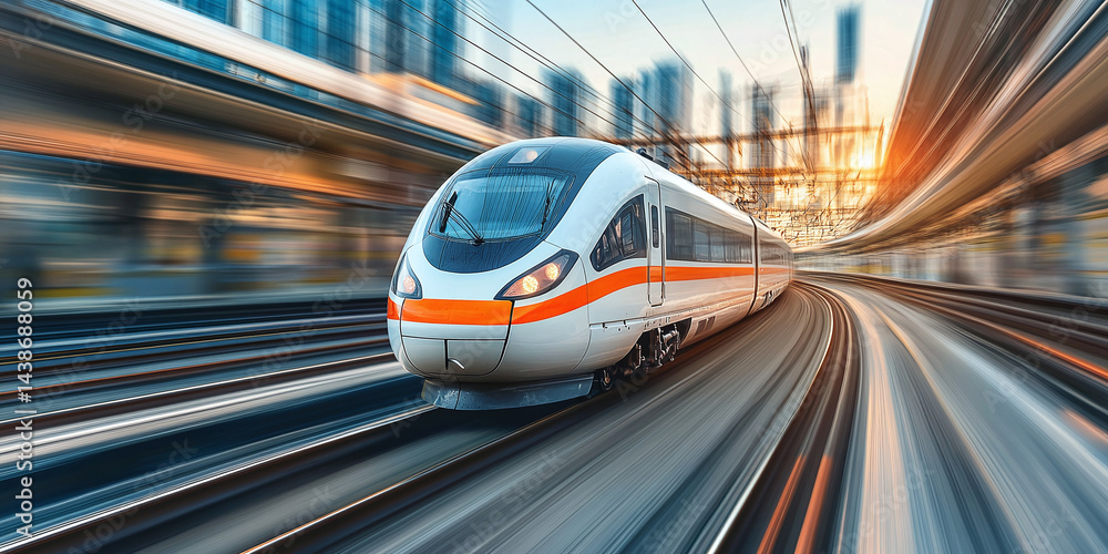 High-speed train in motion on railway tracks. Modern transportation, sleek design, urban mobility, fast commute, futuristic travel, eco-friendly public transit, efficient infrastructure High-speed train in motion on railway tracks. Modern transportation, sleek design, urban mobility, fast commute, futuristic travel, eco-friendly public transit, efficient infrastructure